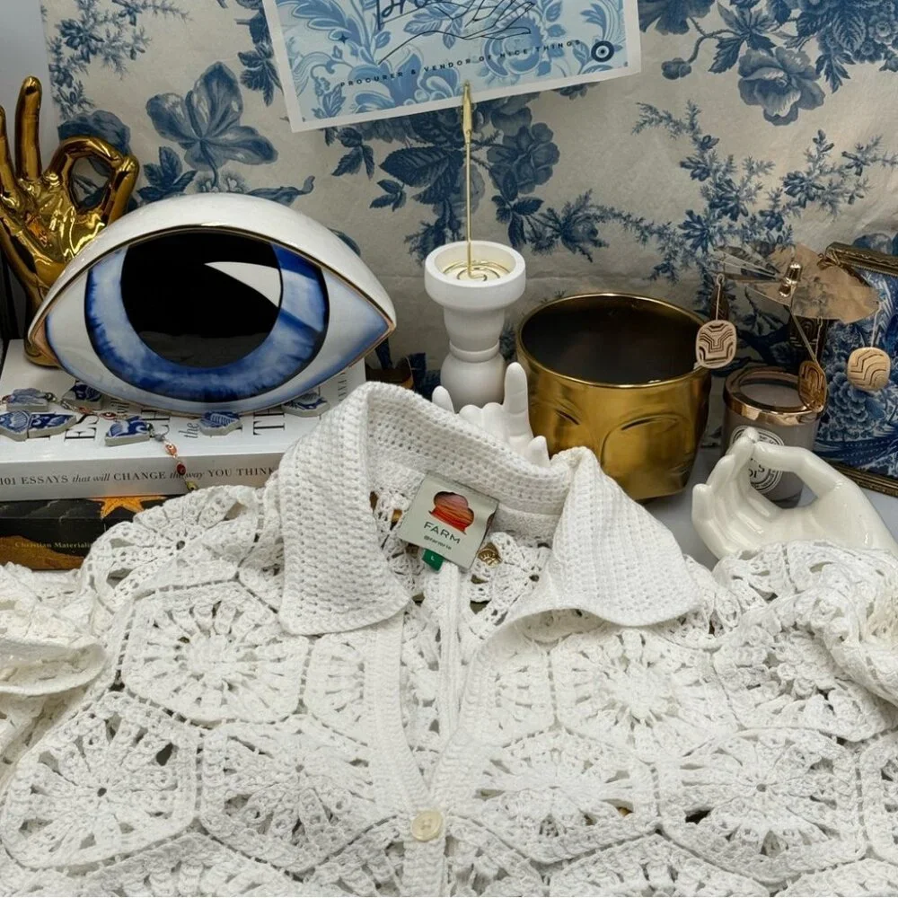 🆕 FARM Rio 🧿 NWOT White Semisheer Floral Button-Up Crochet Cover-Up Dress, L - Picture 11 of 15